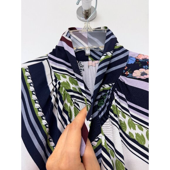 Tory Burch Homage to Flower Patchwork Silk Blouse Top Floral Stripe Bow Tie 4 - Picture 5 of 16